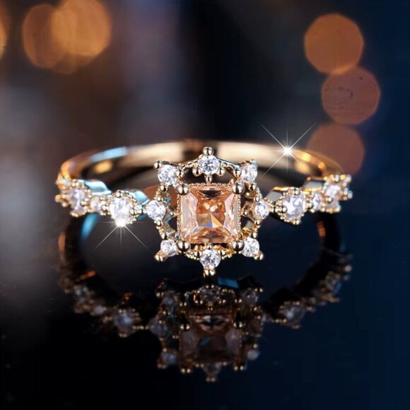 NEW 14k Gold Champagne Princess Cut Diamond Ring Dainty Band - Picture 4 of 7